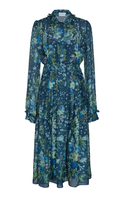 Shop Luisa Beccaria Floral Print Silk Chiffon Dress In Blue