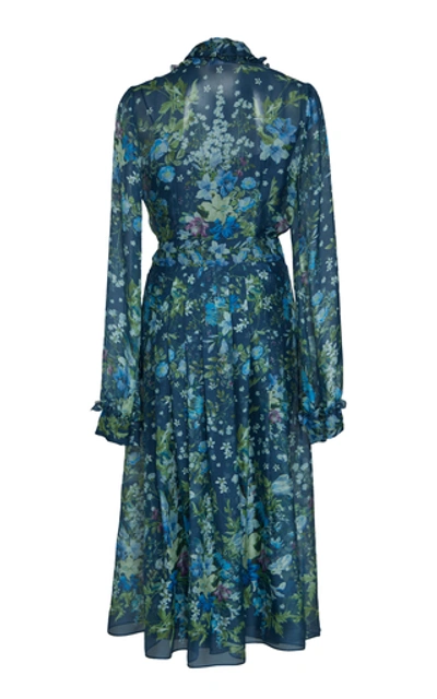Shop Luisa Beccaria Floral Print Silk Chiffon Dress In Blue