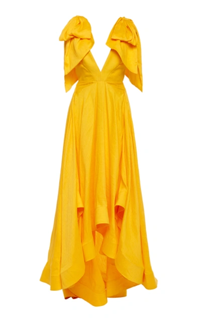 Shop Acler Bargo Asymmetric Ruffled Linen-blend Gown In Yellow