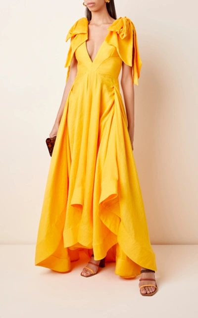Shop Acler Bargo Asymmetric Ruffled Linen-blend Gown In Yellow