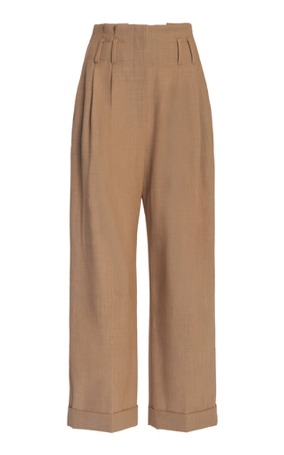 Shop Brunello Cucinelli Pleated Stretch-wool Straight-leg Pants In Brown