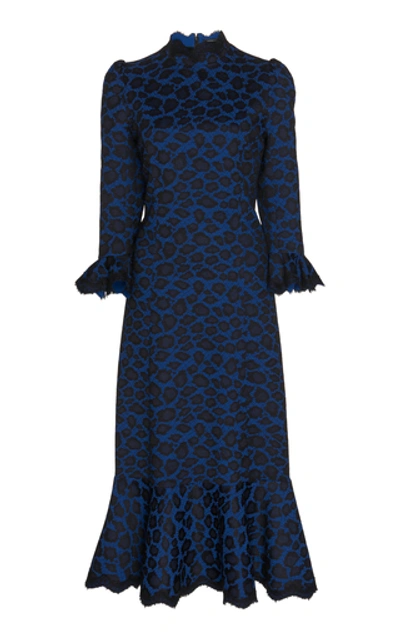 Shop Andrew Gn Embroidered Silk Crepe Dress In Blue