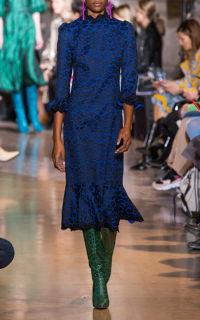 Shop Andrew Gn Embroidered Silk Crepe Dress In Blue