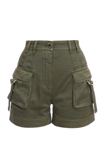 Shop Balmain Stretch-cotton High-rise Cargo Shorts In Green