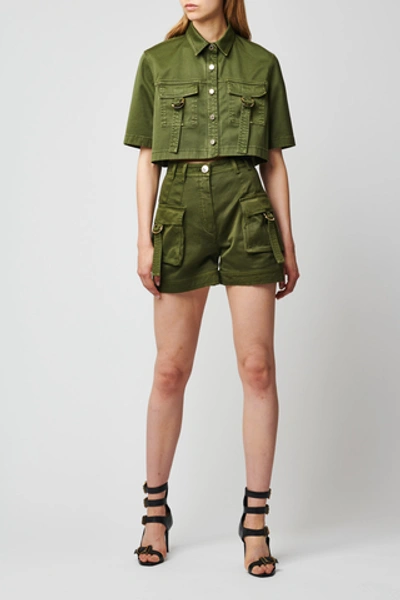 Shop Balmain Stretch-cotton High-rise Cargo Shorts In Green