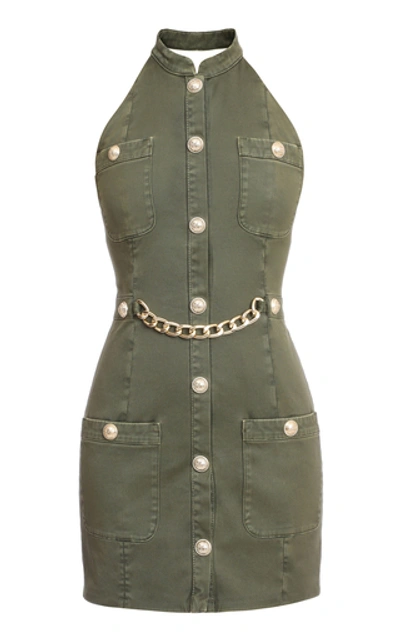 Shop Balmain Chainlink Stretch-cotton Sleeveless Dress In Green