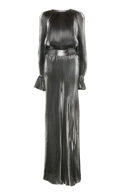 Shop Alberta Ferretti Pleated Wide-leg Silk-blend Jumpsuit In Silver