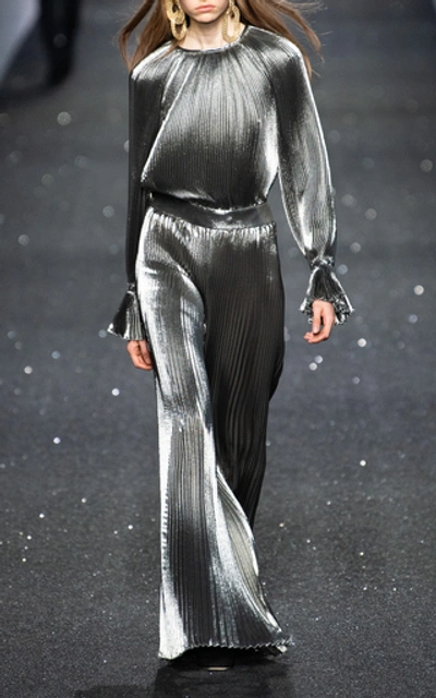 Shop Alberta Ferretti Pleated Wide-leg Silk-blend Jumpsuit In Silver
