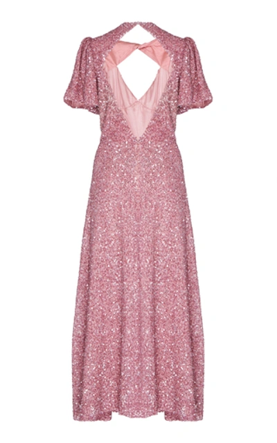 Shop Markarian Ginger Silk Satin-trimmed Sequined Midi Dress In Pink