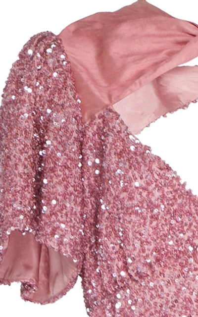 Shop Markarian Ginger Silk Satin-trimmed Sequined Midi Dress In Pink