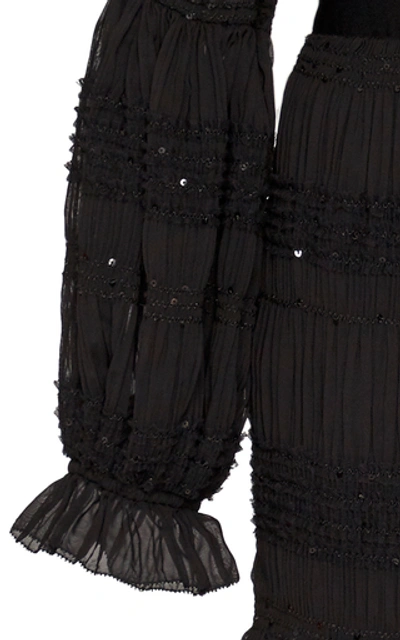 Shop Self-portrait Shirred Chiffon Mini Dress In Black