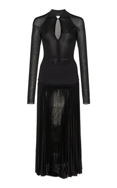 Shop Victoria Beckham Pleated Sheer Knit Midi Dress In Black