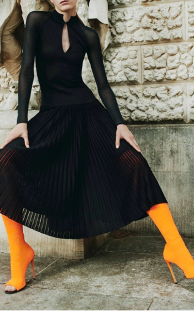 Shop Victoria Beckham Pleated Sheer Knit Midi Dress In Black
