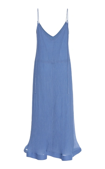 Shop Jw Anderson Trumpet Hem Pleated Silk-blend Midi Dress In Blue