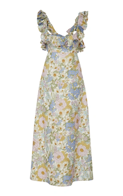 Shop Zimmermann Ruffled Floral-print Linen Midi Dress In Multi