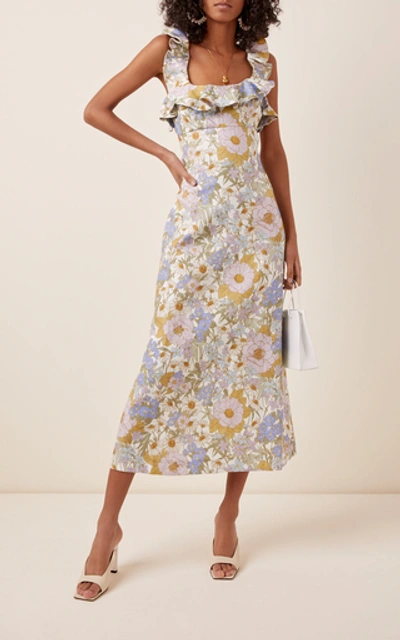 Shop Zimmermann Ruffled Floral-print Linen Midi Dress In Multi