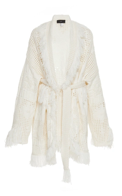 Shop Alanui Fringed Open-knit Wool Cardigan In White