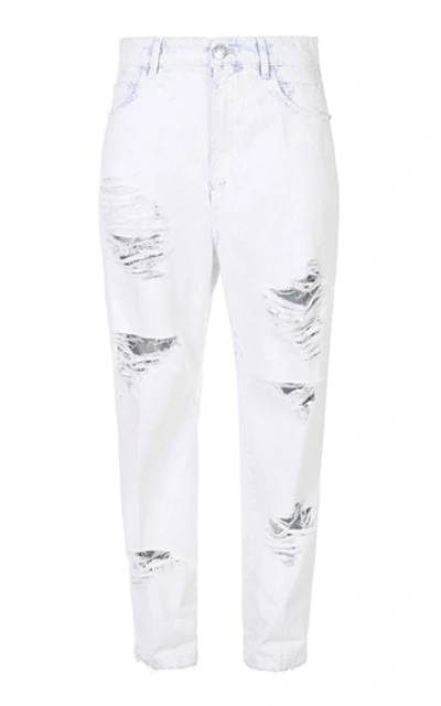 Shop Balmain Distressed Coated Boyfriend Jeans In White