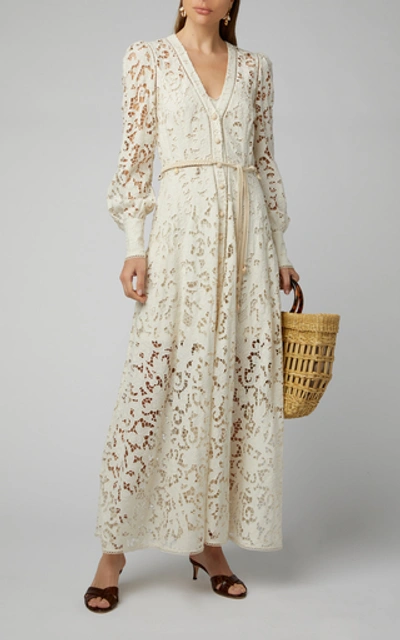Shop Zimmermann Bonita Bow-detailed Crochet-knit Cotton Lace Dress In White
