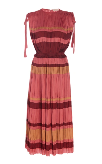 Shop Ulla Johnson Alessa Striped Plissé-satin Midi Dress In Multi