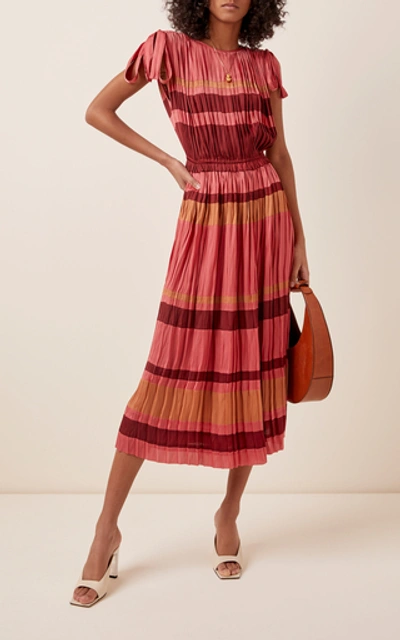 Shop Ulla Johnson Alessa Striped Plissé-satin Midi Dress In Multi