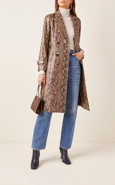 Shop Frame Embossed Python Trench Coat In Brown