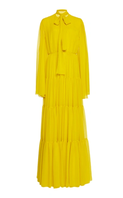 Shop Giambattista Valli Pussy-bow Silk-chiffon Maxi Dress In Yellow