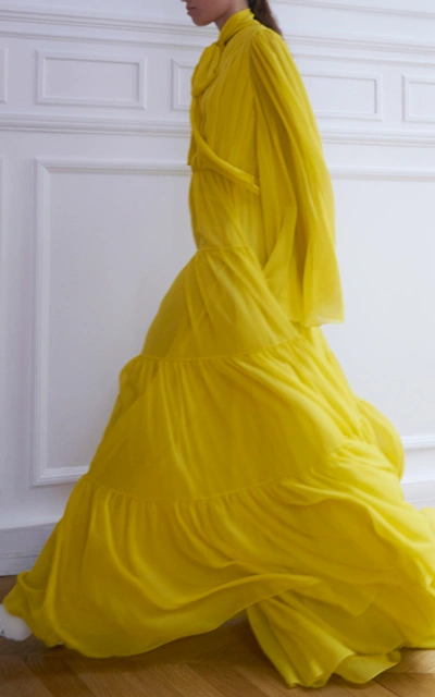 Shop Giambattista Valli Pussy-bow Silk-chiffon Maxi Dress In Yellow