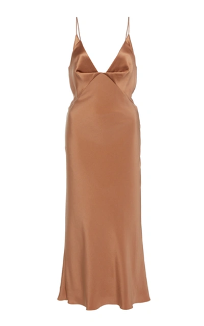 Shop Cushnie Satin-paneled Silk Midi Dress In Brown