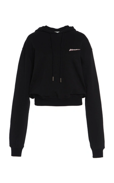 Shop Off-white Printed Cotton Fleece Cropped Hoodie In Black