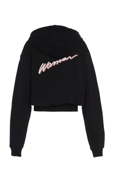 Shop Off-white Printed Cotton Fleece Cropped Hoodie In Black