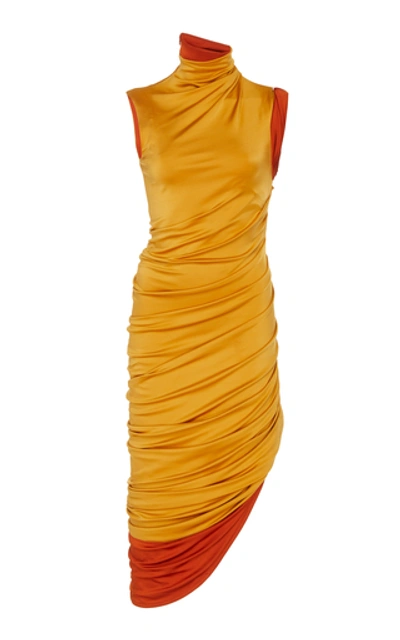 Shop Monse Ruched Asymmetric Stretch-jersey Dress In Yellow