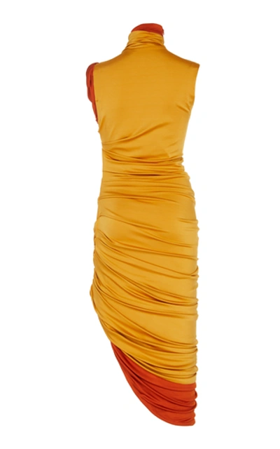 Shop Monse Ruched Asymmetric Stretch-jersey Dress In Yellow