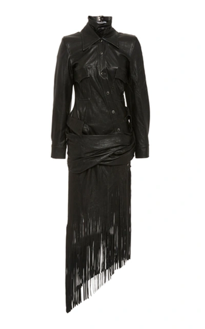 Shop Alexander Wang Fringed Asymmetric Leather Dress In Black