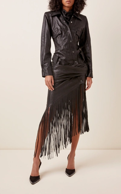 Shop Alexander Wang Fringed Asymmetric Leather Dress In Black