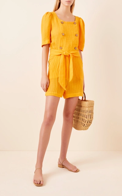 Shop Lisa Marie Fernandez Diana Belted Linen-blend Playsuit In Yellow