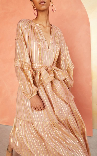 Shop Ulla Johnson Talitha Tinsel Belted Midi Dress In Pink