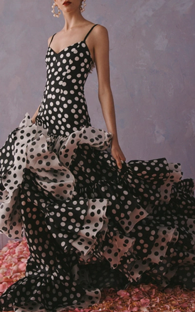 Shop Carolina Herrera Ruffled Polka-dot Satin Gown In Multi