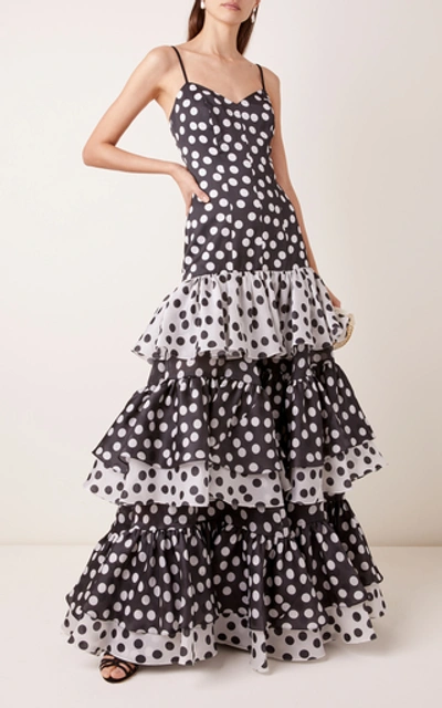 Shop Carolina Herrera Ruffled Polka-dot Satin Gown In Multi