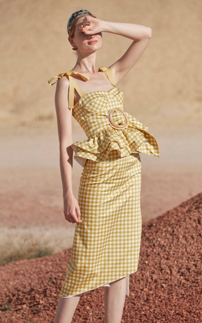Shop Silvia Tcherassi Fadua Belted Gingham Cotton-poplin Midi Skirt In Yellow