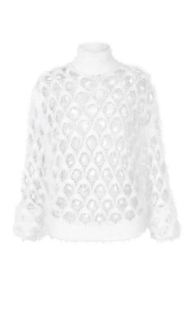 Shop Balmain Fuzzy Mesh Turtleneck Knit Sweater In White