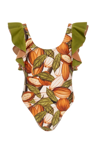 Shop Água De Coco Printed Ruffled One-piece Swimsuit