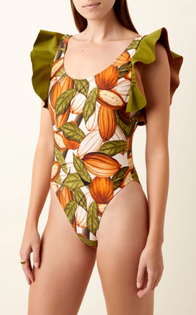 Shop Água De Coco Printed Ruffled One-piece Swimsuit