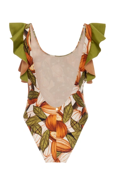 Shop Água De Coco Printed Ruffled One-piece Swimsuit