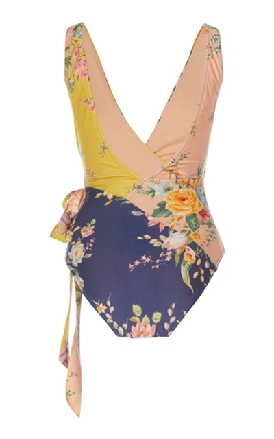 Shop Zimmermann Zinnia Wrap-effect Floral-print Swimsuit In Yellow