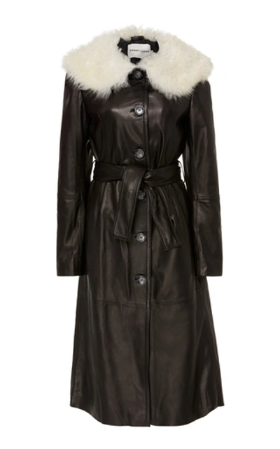 Shop Sandy Liang Boose Belted Shearling-trimmed Leather Coat In Black