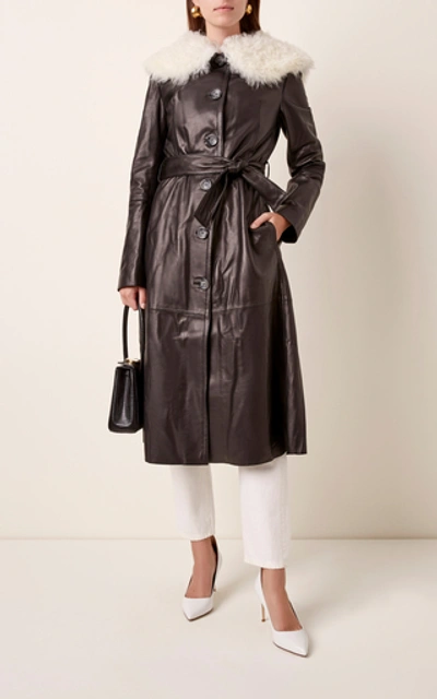 Shop Sandy Liang Boose Belted Shearling-trimmed Leather Coat In Black