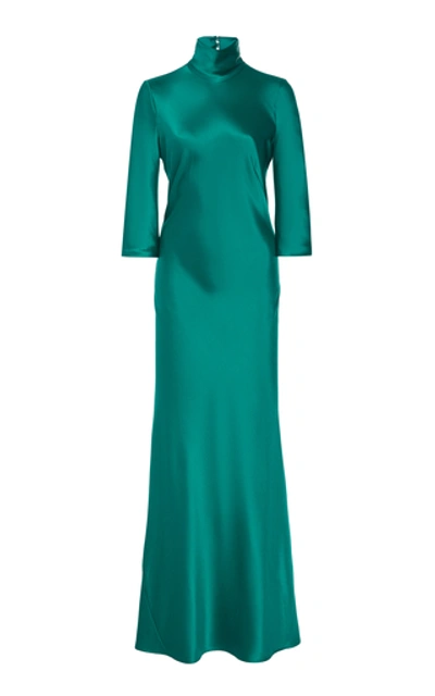 Shop Galvan Margot Silk-satin Turtleneck Gown In Green