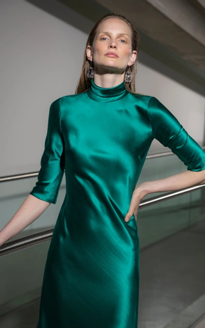 Shop Galvan Margot Silk-satin Turtleneck Gown In Green