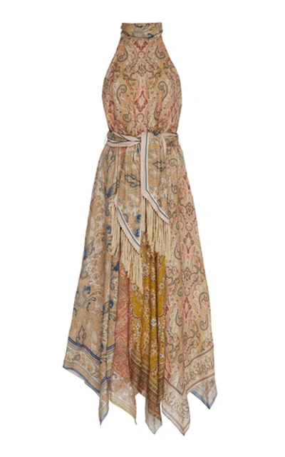 Shop Zimmermann Freja Belted Paisley-print Linen Halterneck Midi Dress In Neutral